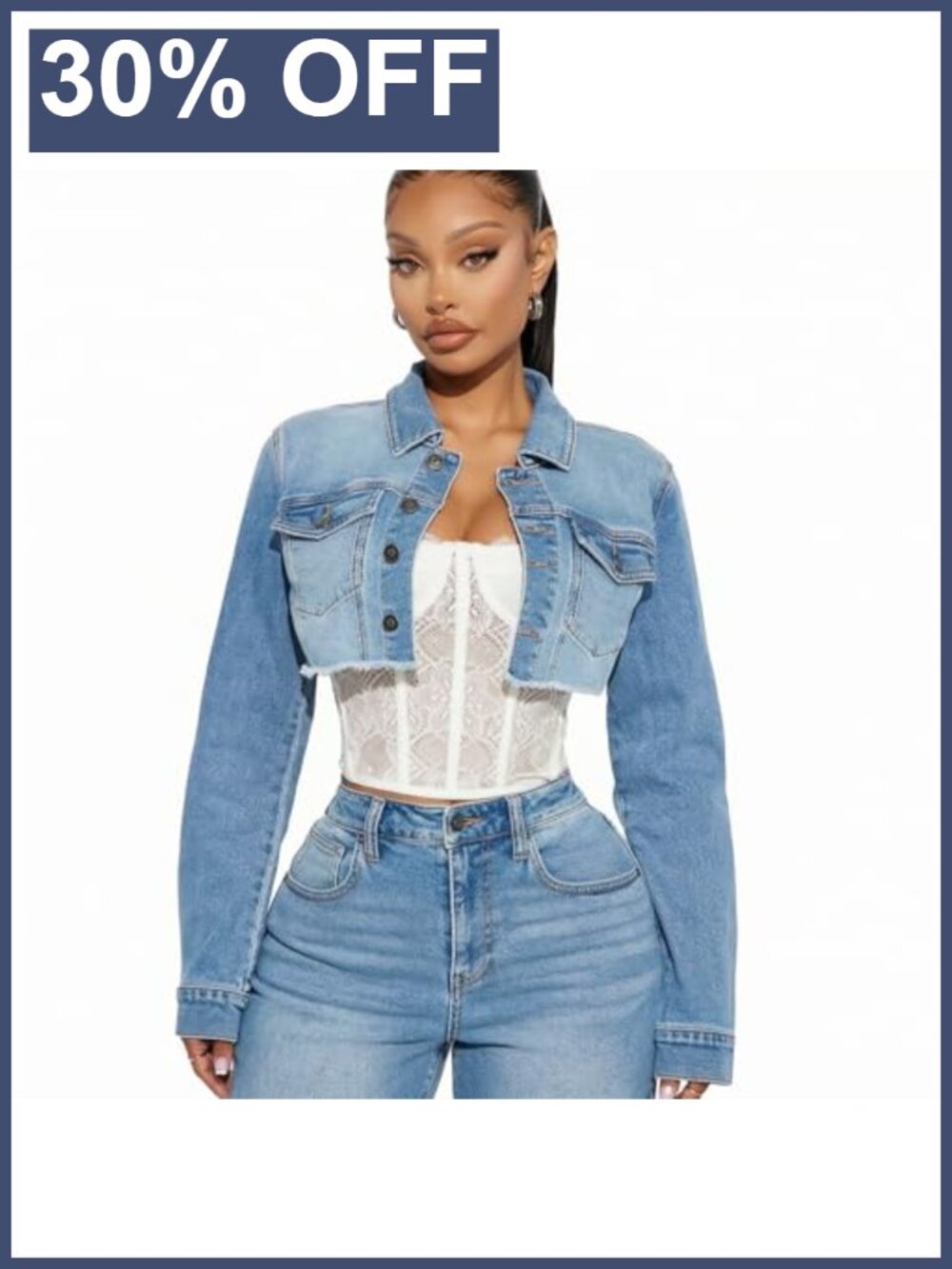 Women's Cropped Denim Jacket Button Down Long Sleeve Frayed Hem Chest Pockets